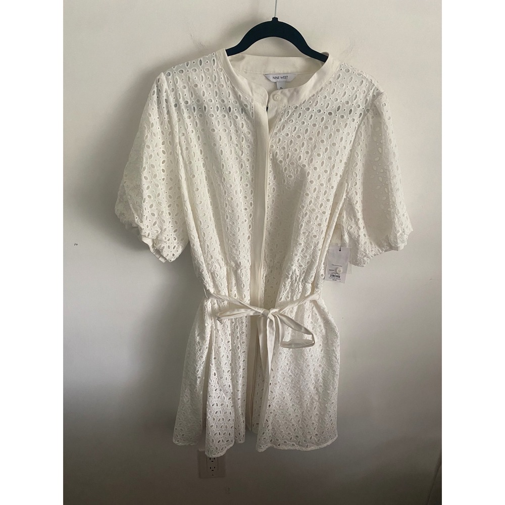NINE WEST Womens Eyelet Fit‎ Flare Dress White Button Front Belted XL